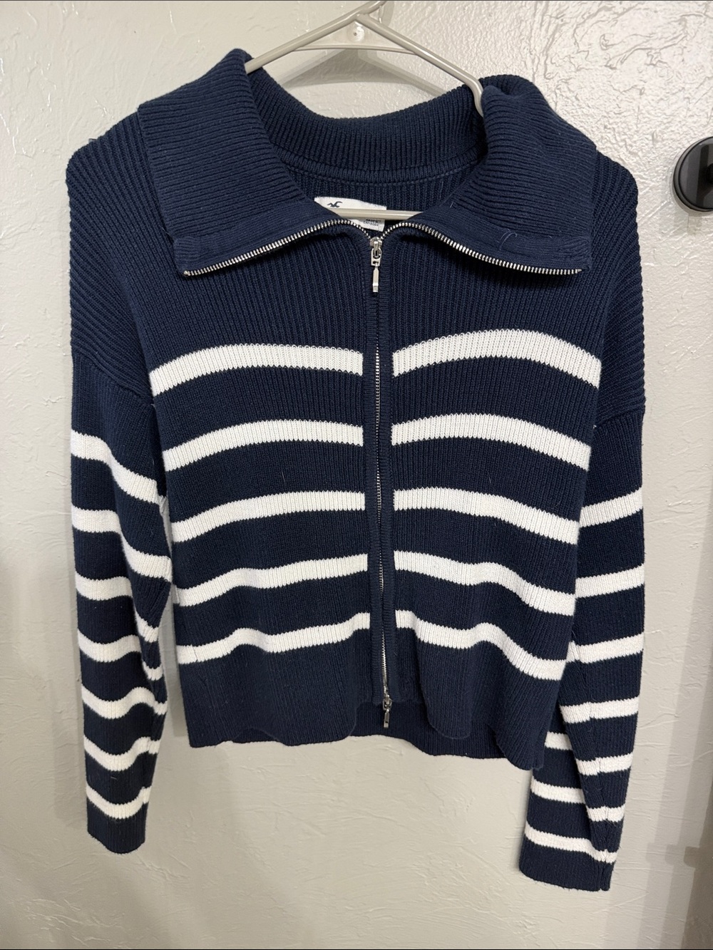 Hollister Navy and White Striped Zip-Up Sweater